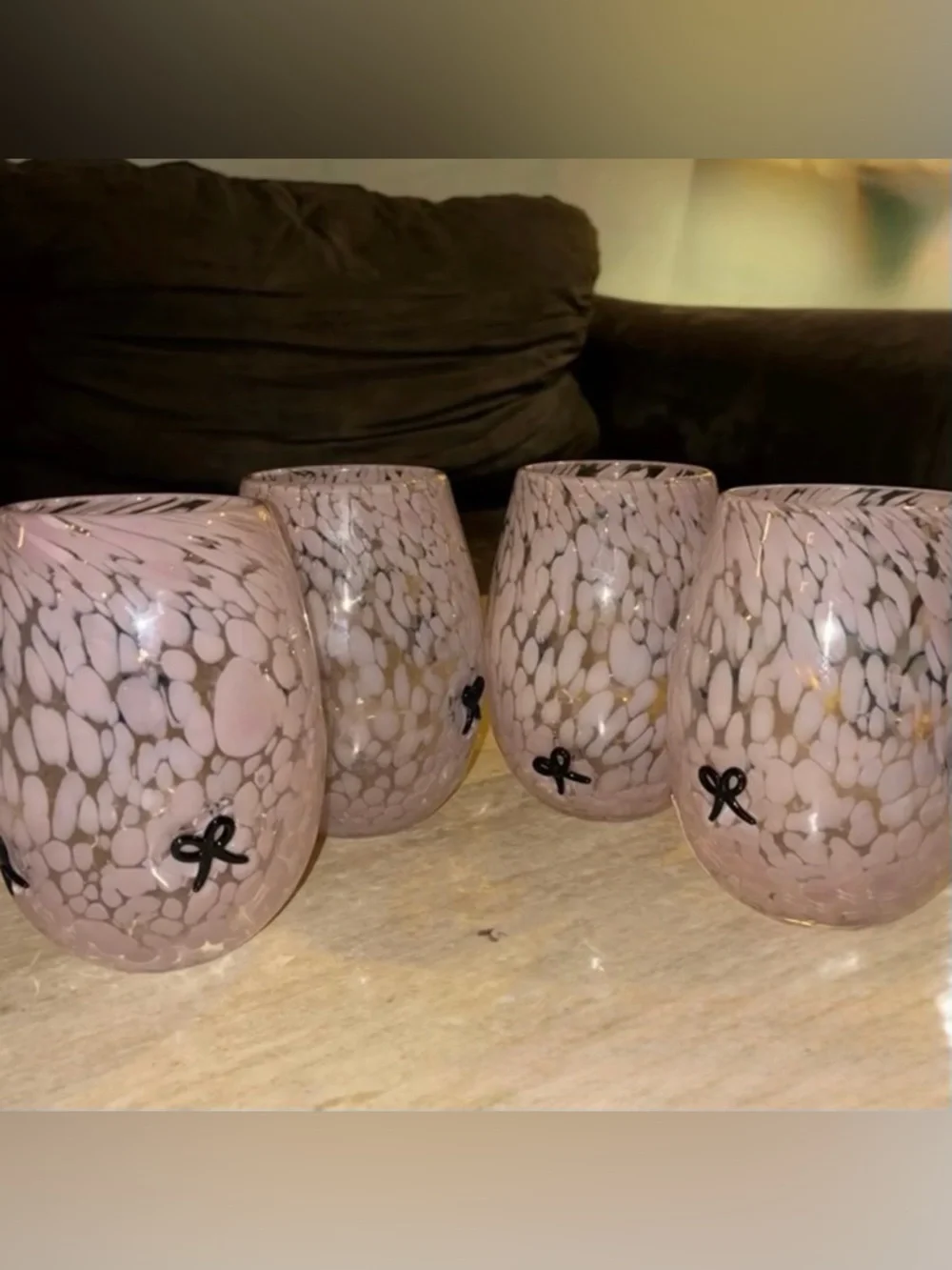 Set of 4 Pink Confetti Stemless Wine Glasses with‎ Black Coquette Bow Icons NEW